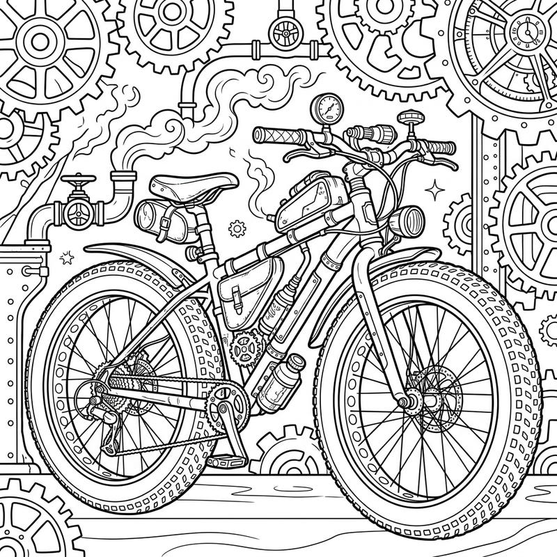 Dive into a thrilling coloring experience with our Steampunk Fat Bike design, where robust off-road cycling meets intricate Victorian-era industrial fantasy. This detailed illustration invites you to bring a world of gears, pipes, and steam-powered mechanisms to life with your favorite colors.