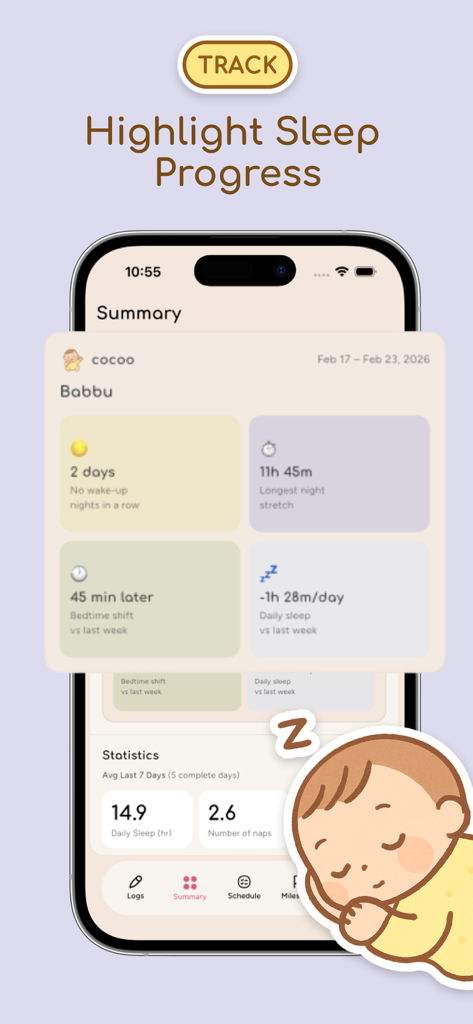 Cocoo: AI Baby Sleep Debugger - Cocoo app summary dashboard showing baby sleep statistics and progress highlights