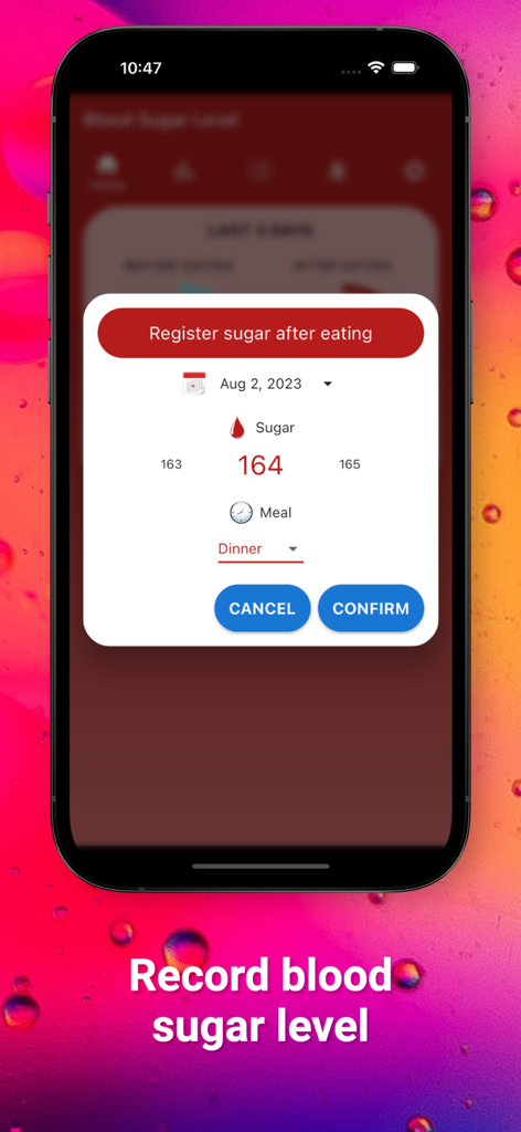 Blood Sugar Level - 食後の血糖値を記録するためのモバイルアプリインターフェース。