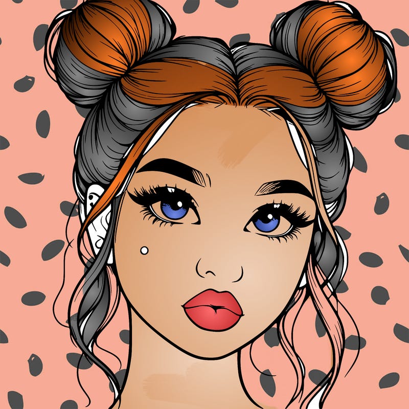 realistic girl with two buns on her hair and lips