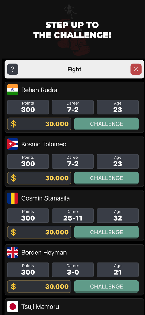 Superstar: Real Boxing Manager - List of boxers to challenge in the Superstar Real Boxing Manager game showing career stats and purses