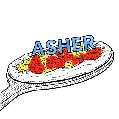 pizza with no pepperoni that has asher written on it.