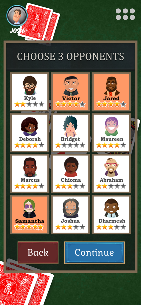 Card Game Joker - A screen in the Card Game Joker app showing twelve different AI opponent characters to choose from