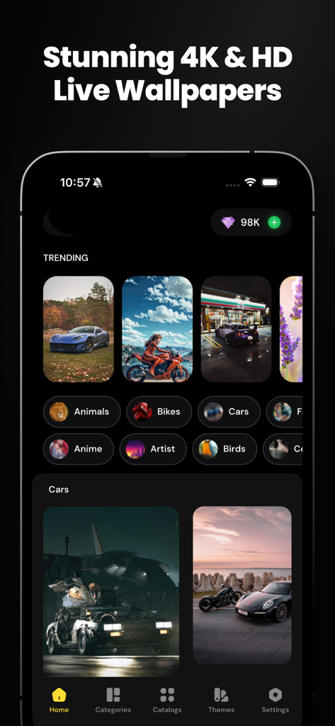 Wallpapers live 4K Background - The home screen of the Wallpapers Live 4K Background app displaying trending high-quality wallpapers and categories like Cars and Anime