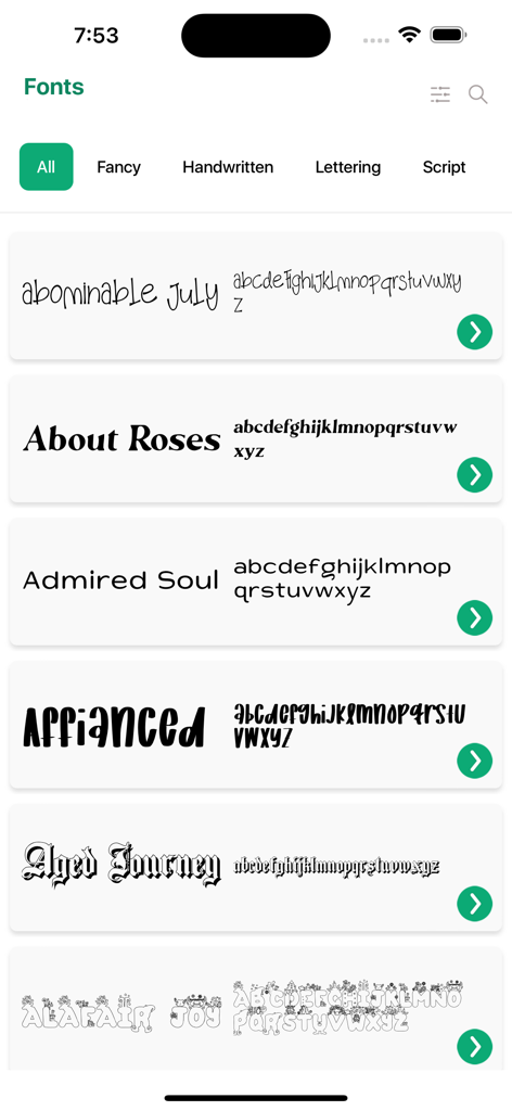 Fonts for DIY Space - A list of various font styles in the Fonts for DIY Space app for crafters