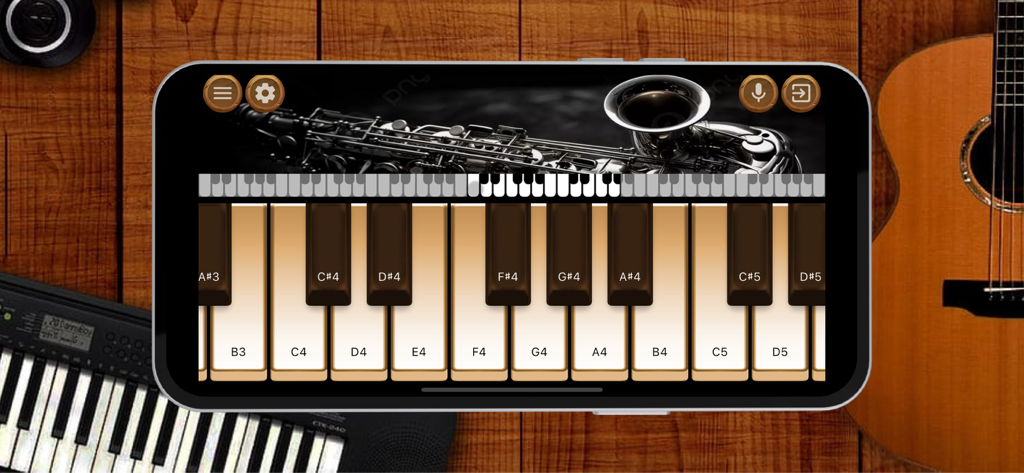 A smartphone displaying a virtual piano keyboard used to play saxophone sounds in the Saxophone Instrument app
