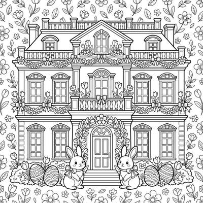 Celebrate Easter with this charming coloring page featuring a stately colonial mansion adorned for the holiday. Adorable bunnies and festive eggs add a delightful touch to this spring scene.