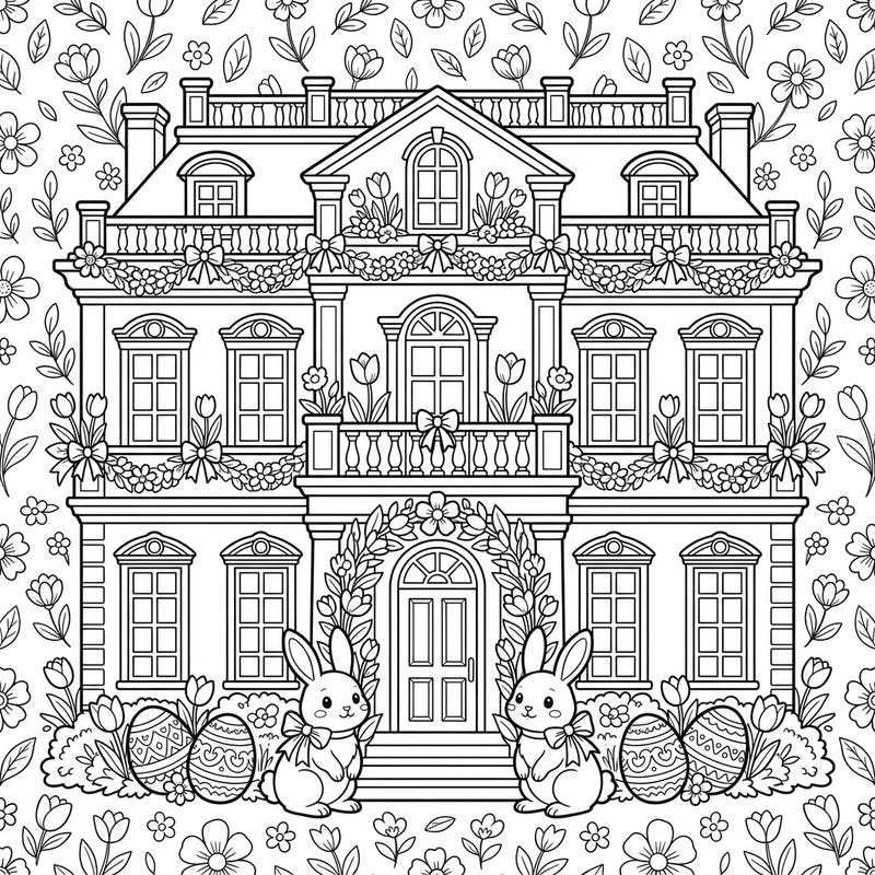 Celebrate Easter with this charming coloring page featuring a stately colonial mansion adorned for the holiday. Adorable bunnies and festive eggs add a delightful touch to this spring scene.