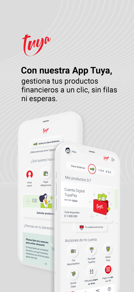 Tuya mobile app interface showing financial product management and digital account balance on two smartphones