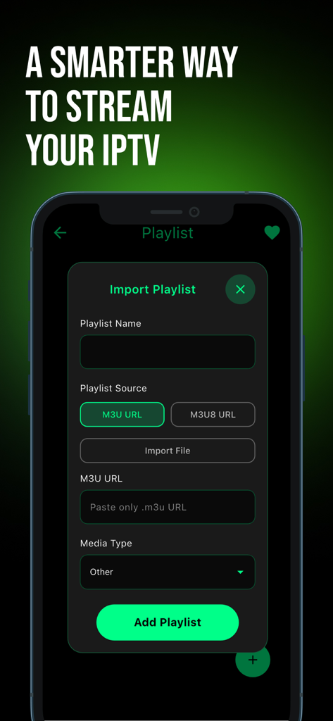 WATCHED - Movies & Stream IPTV - Interface pour importer une liste de lecture IPTV à l'aide d'une URL M3U sur l'application WATCHED