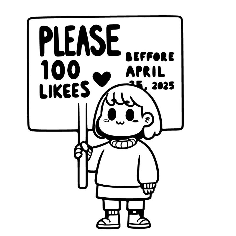 a girl holding a sign that says” please 100 likes before april 25, 2025