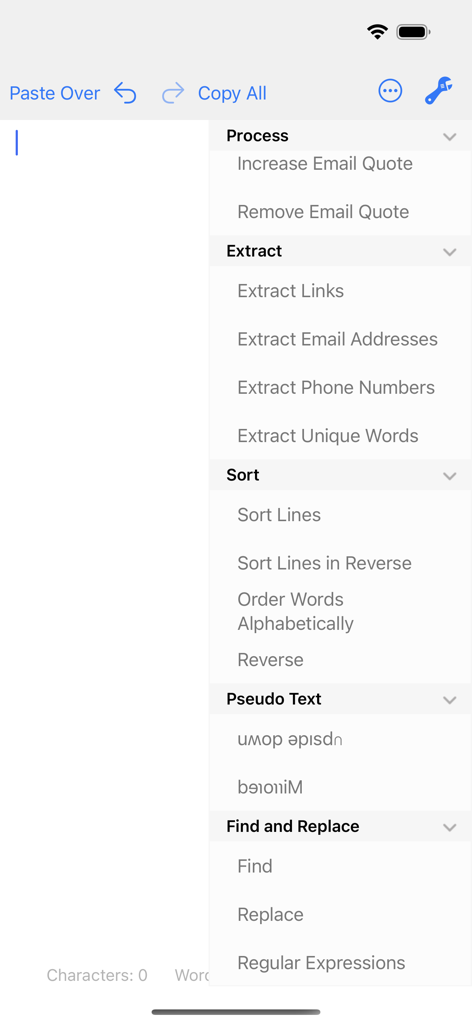 Clean Text app menu showing options for text extraction sorting and regular expression tools