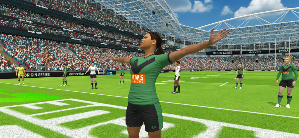 Rugby League 24 - A female rugby player celebrating on a field in a crowded stadium during an Origin Series match