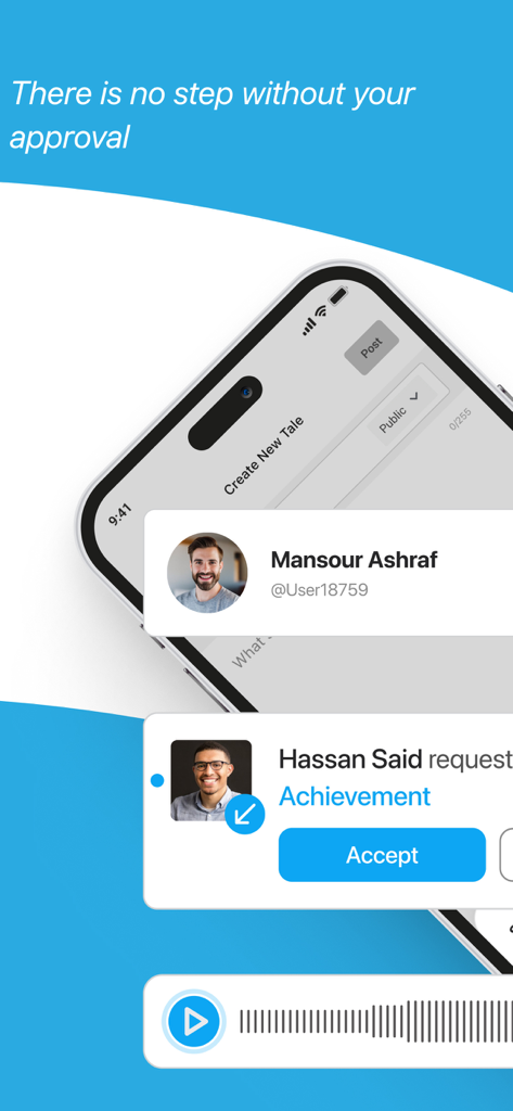 Hawadeet - Hawadeet app interface showing a story creation screen and a user interaction request with an accept button.