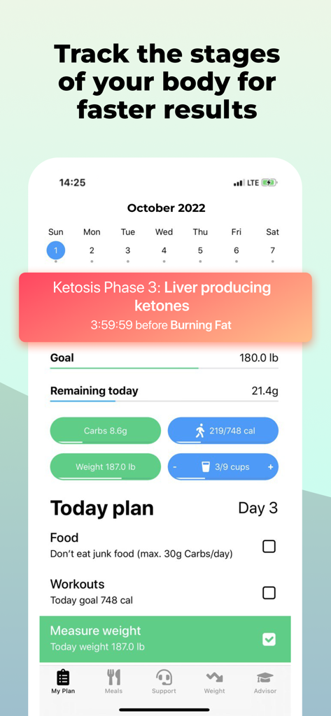 Mobile app screen tracking ketosis phases and daily keto diet goals