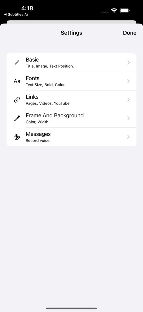 Einstellungen-Menü der iMyVoice-App, das Anpassungsoptionen für Schriftarten, Links und Sprachnachrichten zeigt