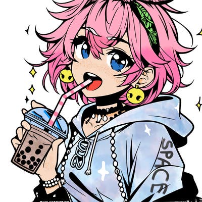 hot baddie anime girl drinking boba and biting the straw