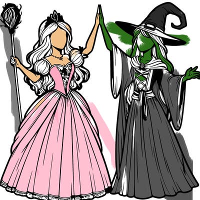 detailed realistic split of a princess and a witch
