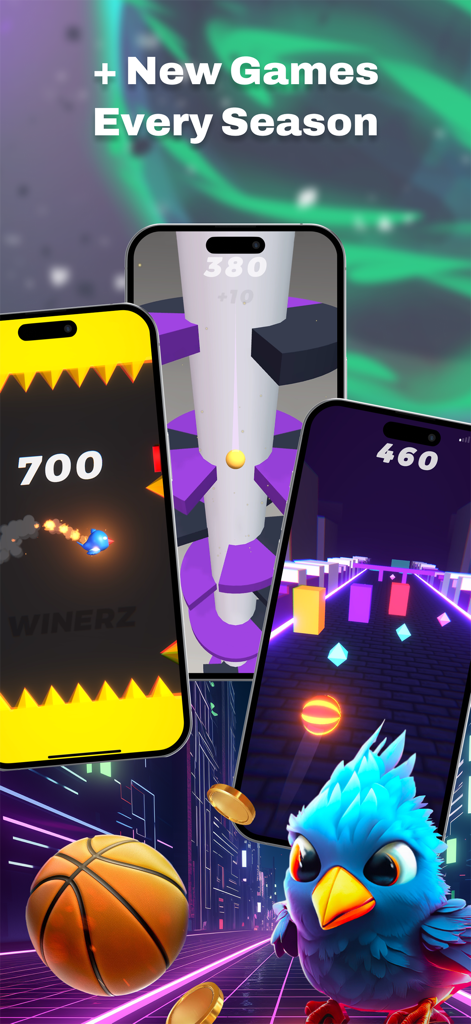 Winerz - Winerz 앱 인터페이스 내의 다양한 캐주얼 아케이드 게임을 보여주는 세 대의 iPhone