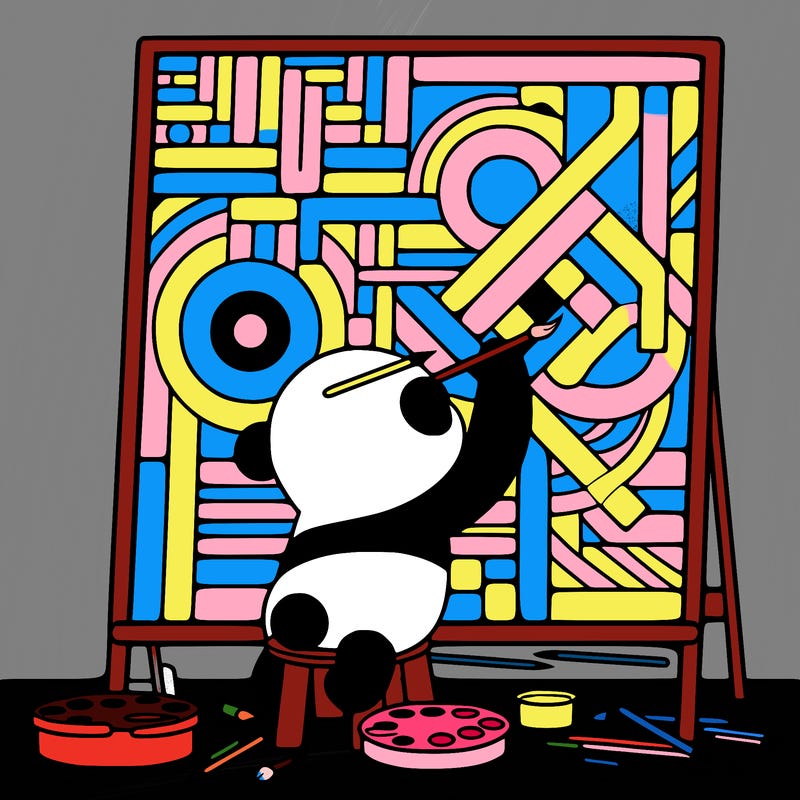 panda painting a large picasso painting while on a trailway