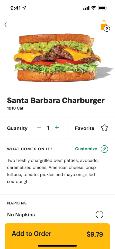 Habit Burger Grill - Pantalla de la aplicación móvil que muestra una Santa Barbara Charburger con opciones de personalización y precio