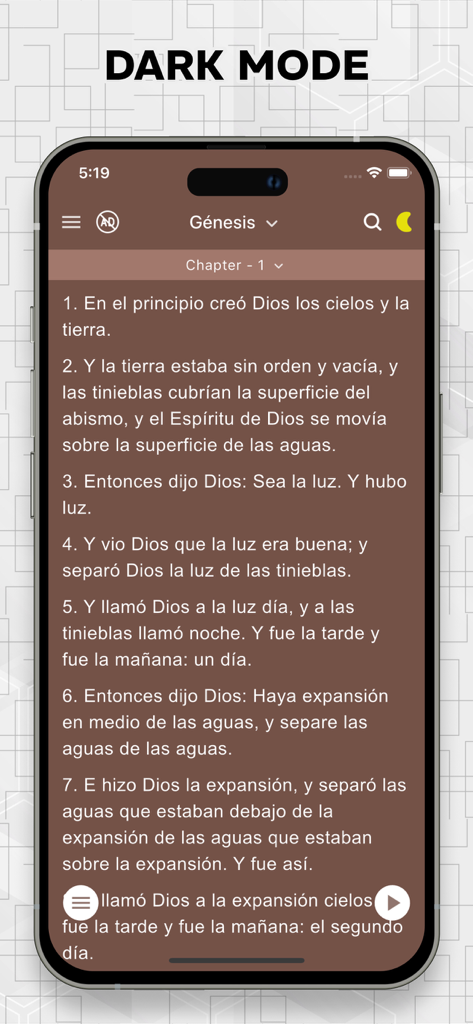 La Biblia de las Américas LBLA - La Biblia de las Américas LBLA app reading screen in dark mode showing Genesis chapter 1 in Spanish
