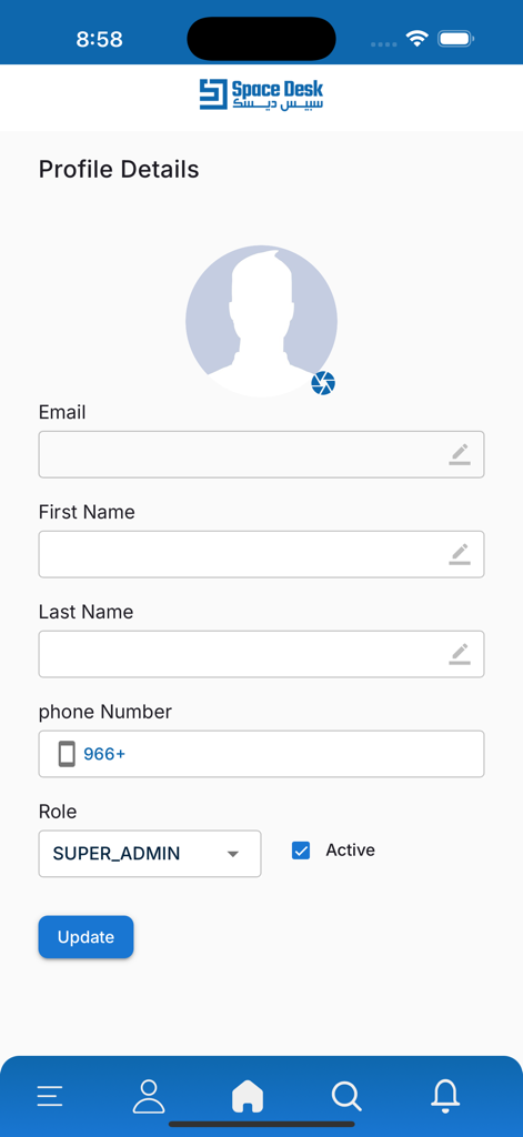 SpaceDesk App - Pantalla de detalles del perfil de la aplicación de productividad SpaceDesk que muestra la configuración de la cuenta de usuario y la gestión de roles