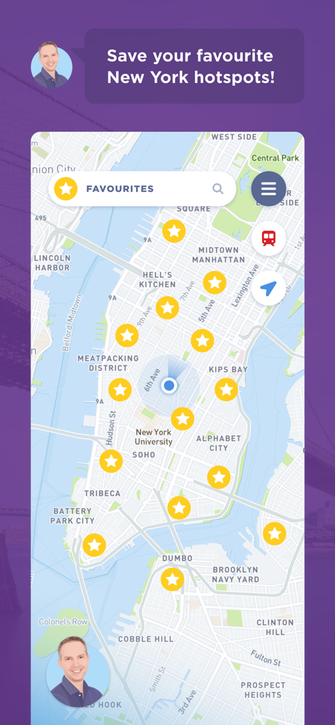 Map of New York City showing saved favorite hotspots with yellow stars