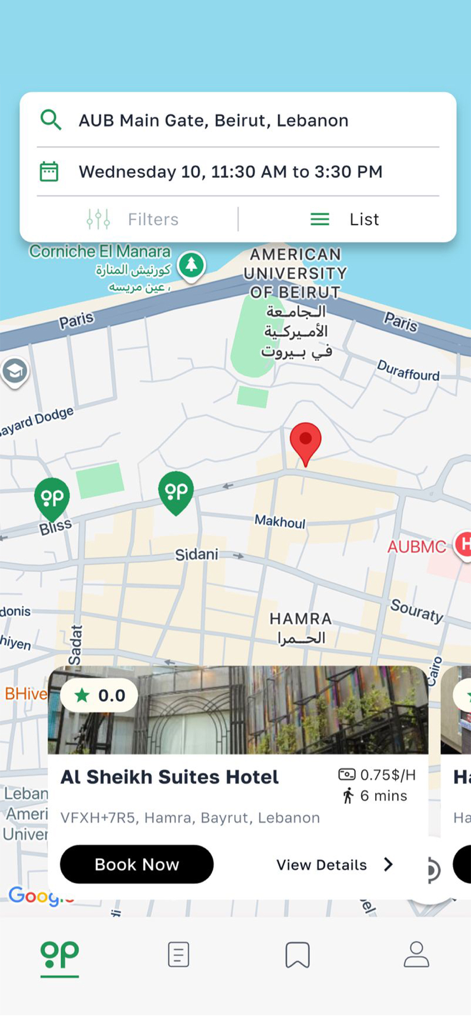 Gopark App - Gopark app map interface showing available parking spots with search filters and a booking card