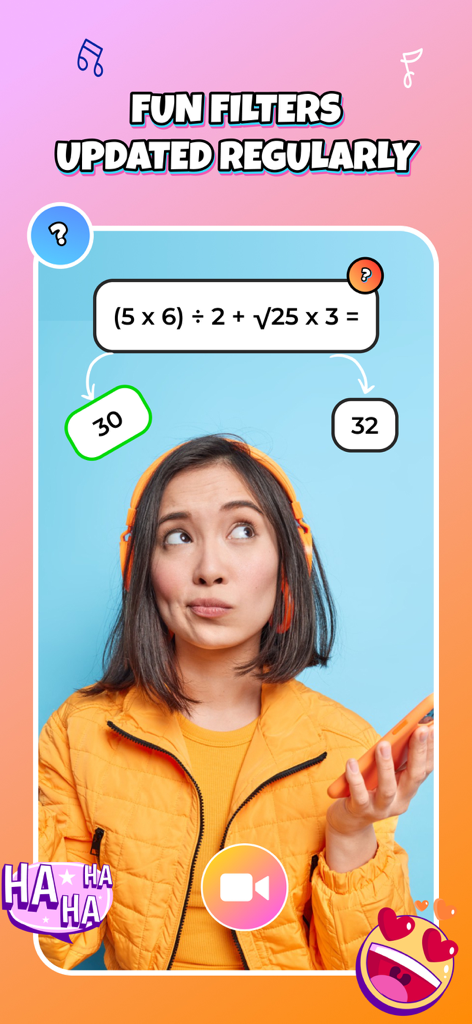 A young woman using an interactive math trivia AR filter on her mobile phone
