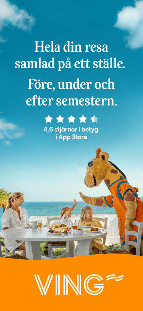 Ving – Allt om dina resor - A family enjoying breakfast by the sea while being greeted by the Lollo mascot from the Ving travel app