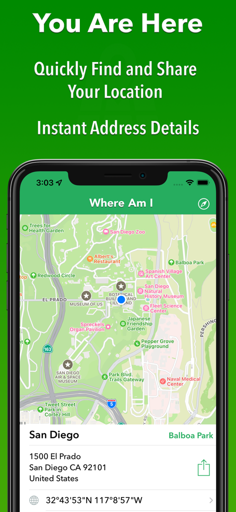 Ecrã de smartphone a mostrar a aplicação Onde Estou exibindo um mapa de San Diego com o endereço atual e coordenadas