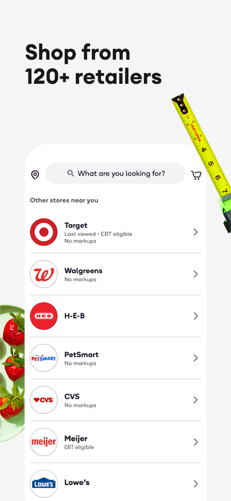 Shipt-App-Bildschirm, der verfügbare Geschäfte für die Lieferung am selben Tag anzeigt, einschließlich Target und Walgreens
