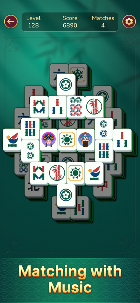 Jolly Mahjong - Mahjong Solitaire gameplay screen showing large tiles and a zen background with the text matching with music