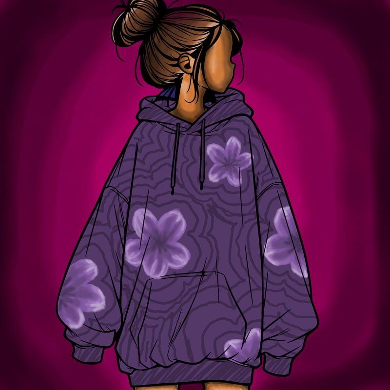 realistic girl with a oversized sweatshirt on and a bun
