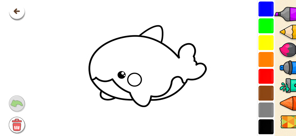 Magic Ladybug : Coloring Book - A digital coloring page of a cute orca with a palette of colors and drawing tools in the Magic Ladybug app.
