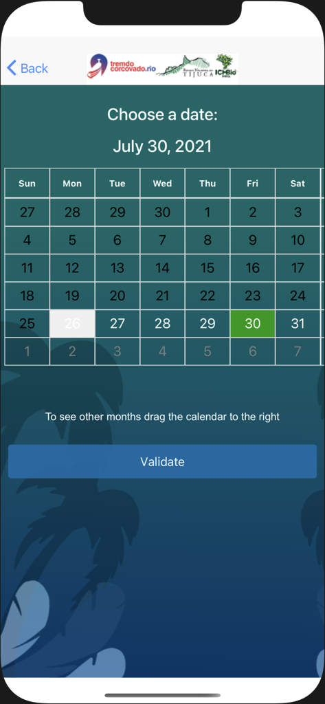 Trem do Corcovado - Oficial - Schermata del calendario per scegliere una data di visita nell'app ufficiale Trem do Corcovado