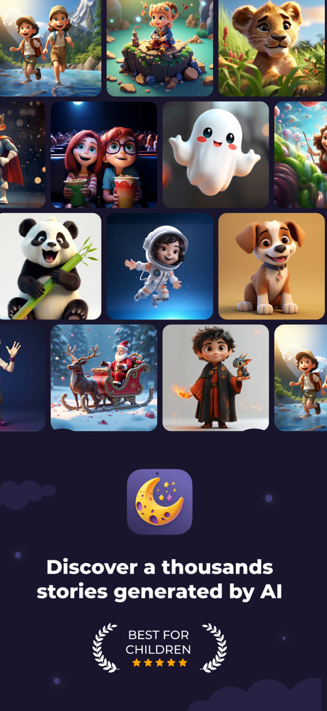 SnugStory: Bedtime Stories - A collage showing diverse AI-generated characters like an astronaut, a panda, and Santa, with text promising thousands of stories for children.