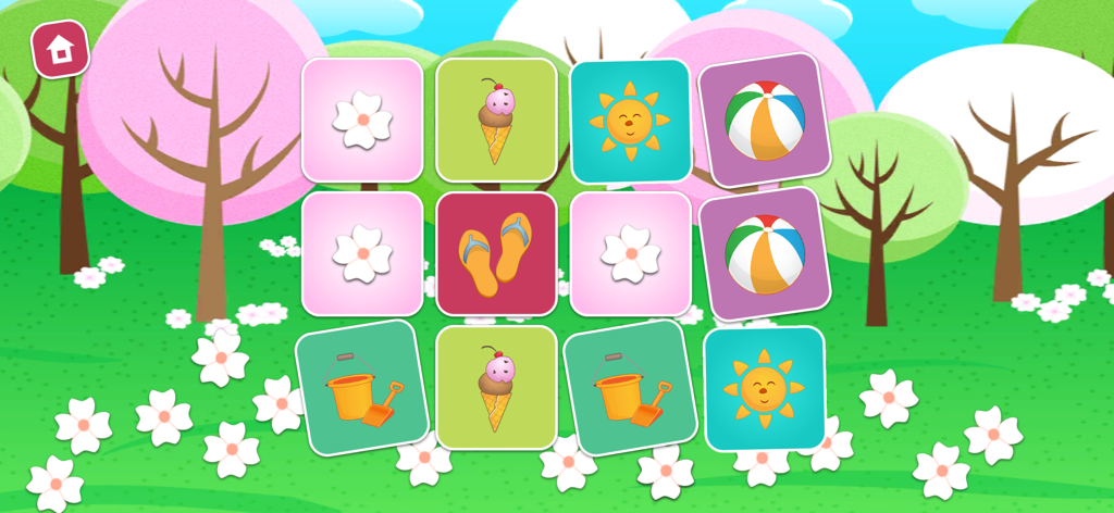 Memory Game - 2-4 year olds - Toddler memory matching game with spring icons like flowers and suns