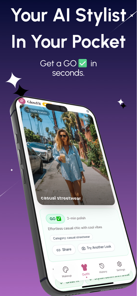 GlowFit: Makeup & Style AI - Aplicación GlowFit IA mostrando un análisis de atuendo con un veredicto positivo de ADELANTE