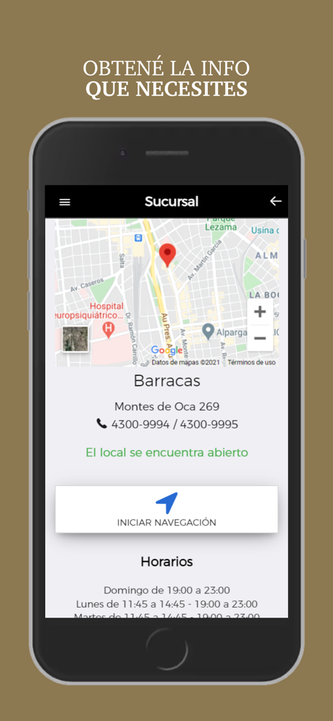 Captura de pantalla de la app móvil de Rincón Norteño mostrando una sucursal en Barracas con un mapa y horario de atención.