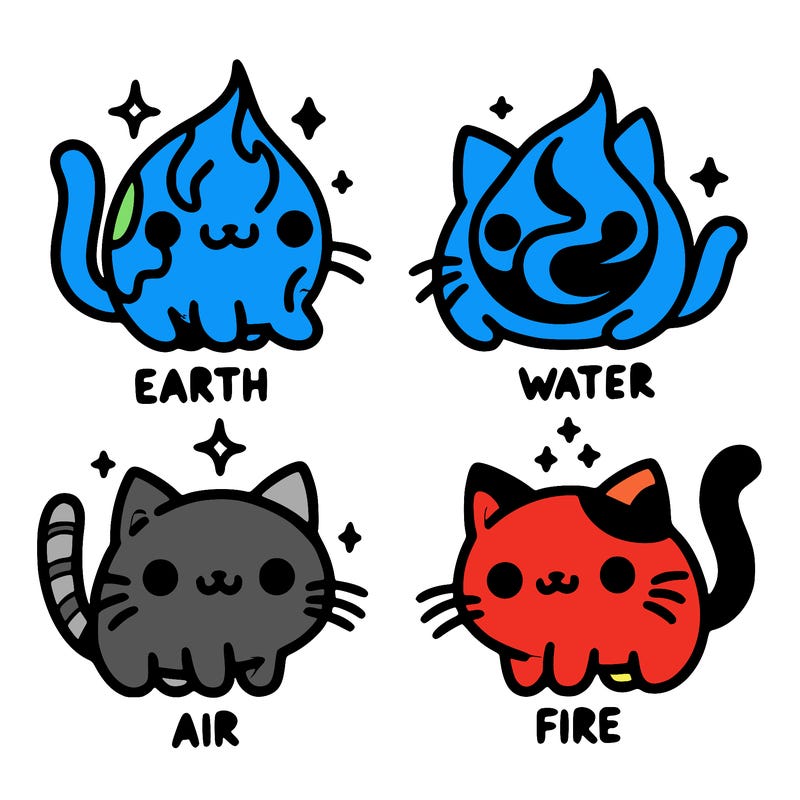 4 cats that represent the different elements, earth, water, air, and fire