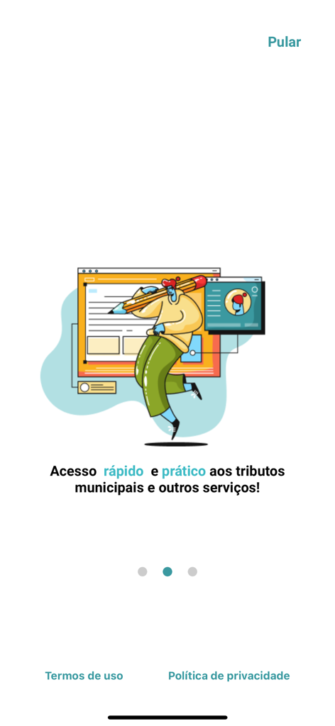 Sefin Digital - Introductory screen of the Sefin Digital app highlighting quick and practical access to municipal taxes and services with a modern illustration.