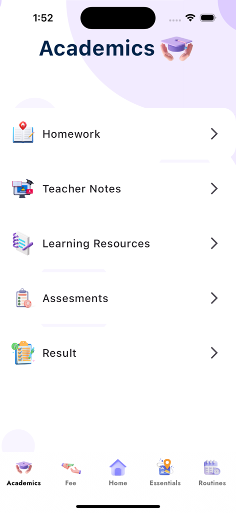 MES School Qatar - Academics menu of the MES School Qatar app featuring links to homework teacher notes and exam results