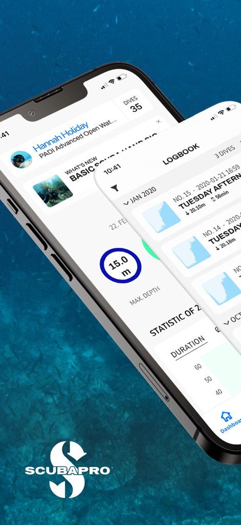 Aplicación móvil SCUBAPRO LogTRAK 2.0 mostrando registros y estadísticas de buceo en un iPhone