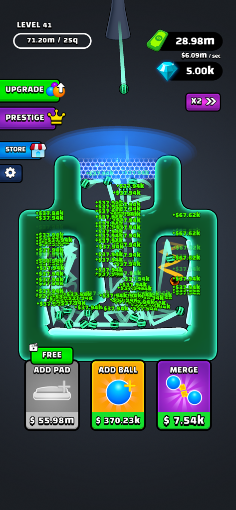Pantalla de juego de Balls Bounce mostrando bolas verdes rebotando en un laberinto de nivel con botones de mejora y fusión en la parte inferior