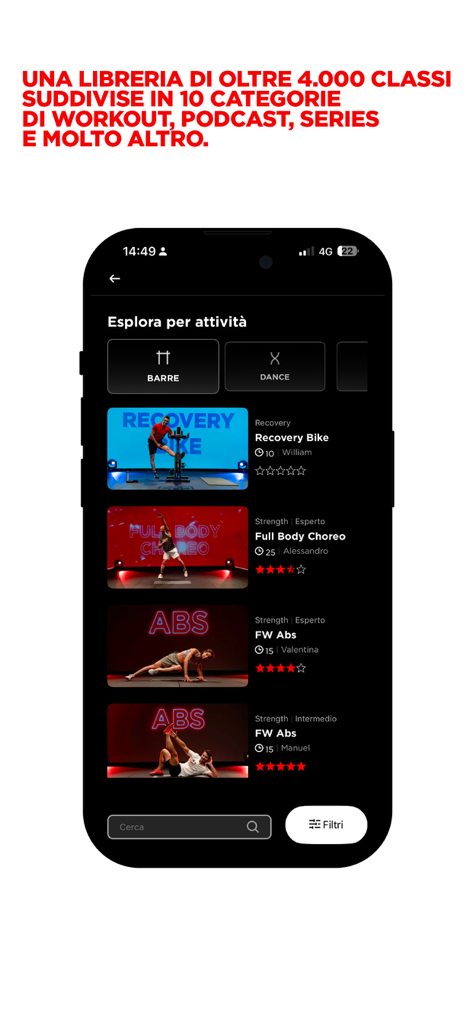 Mobile App-Bildschirm mit einer Bibliothek von über 4000 Fitnesskursen in verschiedenen Kategorien, darunter Barre, Regeneration und Krafttraining.