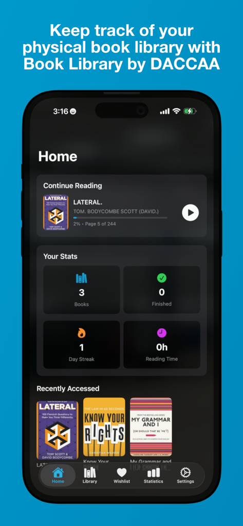 El panel de inicio de la aplicación Biblioteca de Libros de DACCAA que muestra estadísticas de lectura y libros actuales.