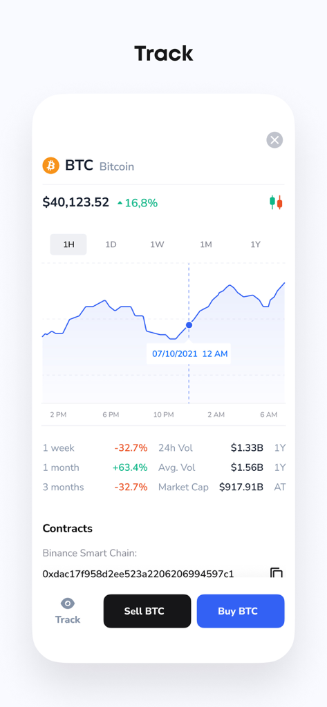 Bitcoin price tracking screen in RICE wallet app showing price chart and market data