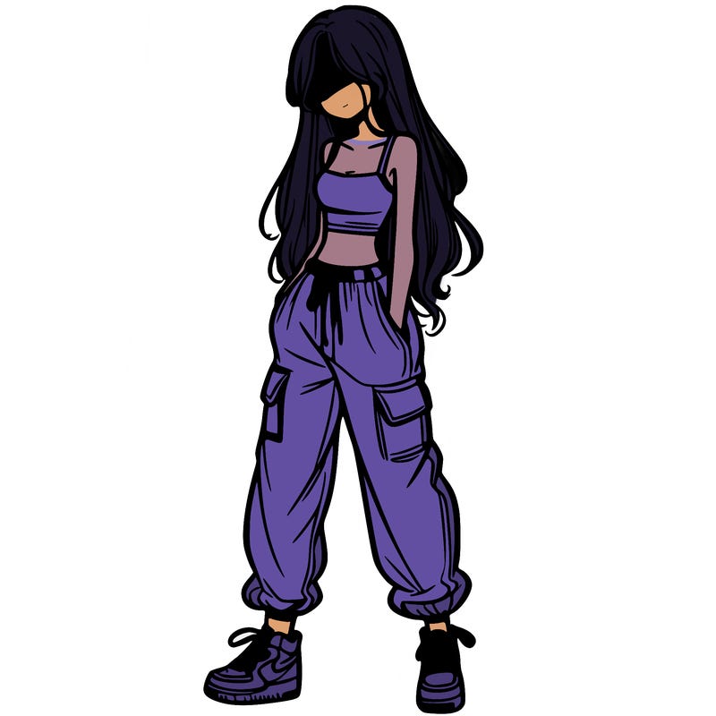 girl in baggy pants crop top and long hair